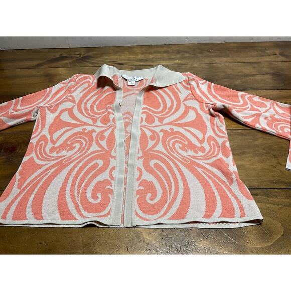 Ming Wang Cardigan Sweater Size Small Tan Coral Print Open Front Knit - Picture 6 of 12